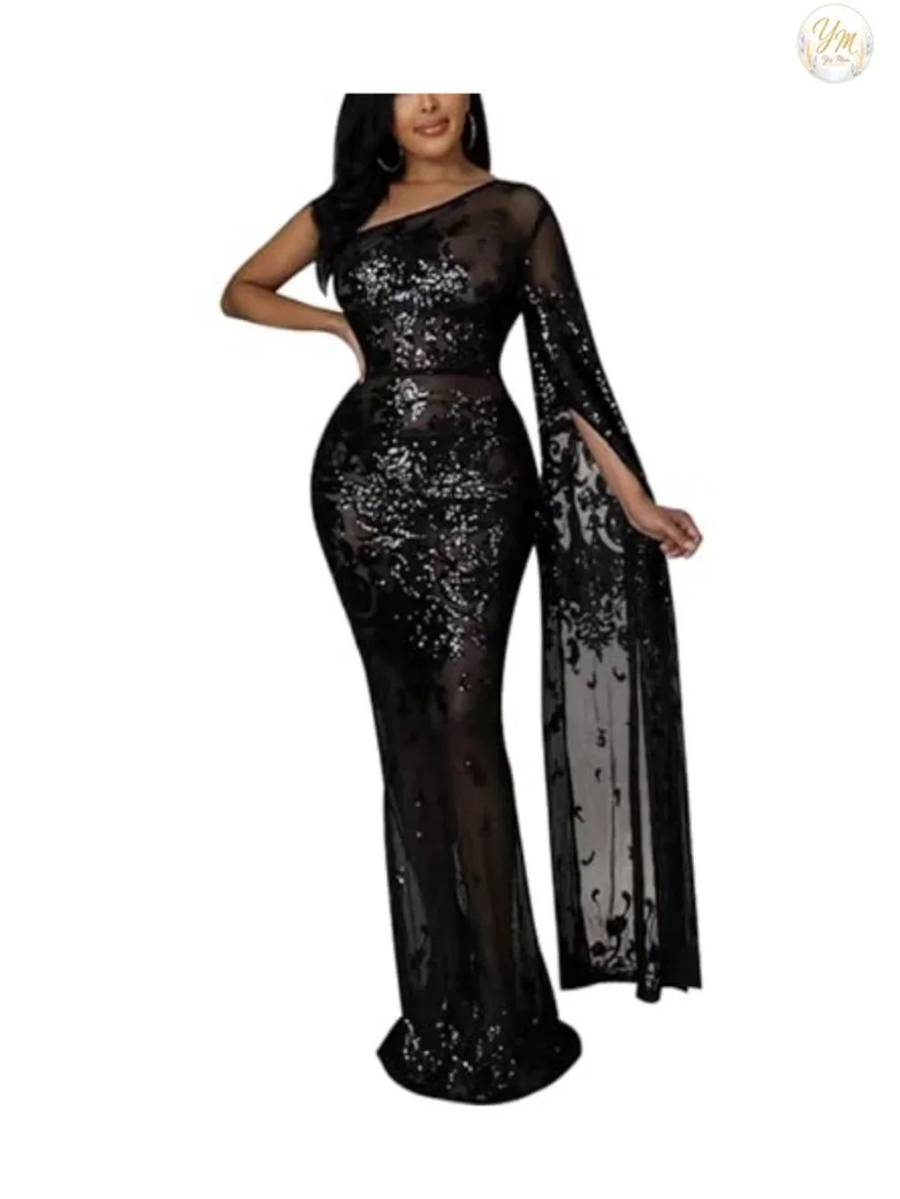Sequin Sparkly Bodycon Evening Dress Long Sleeve One Shoulder Club Party Gown
